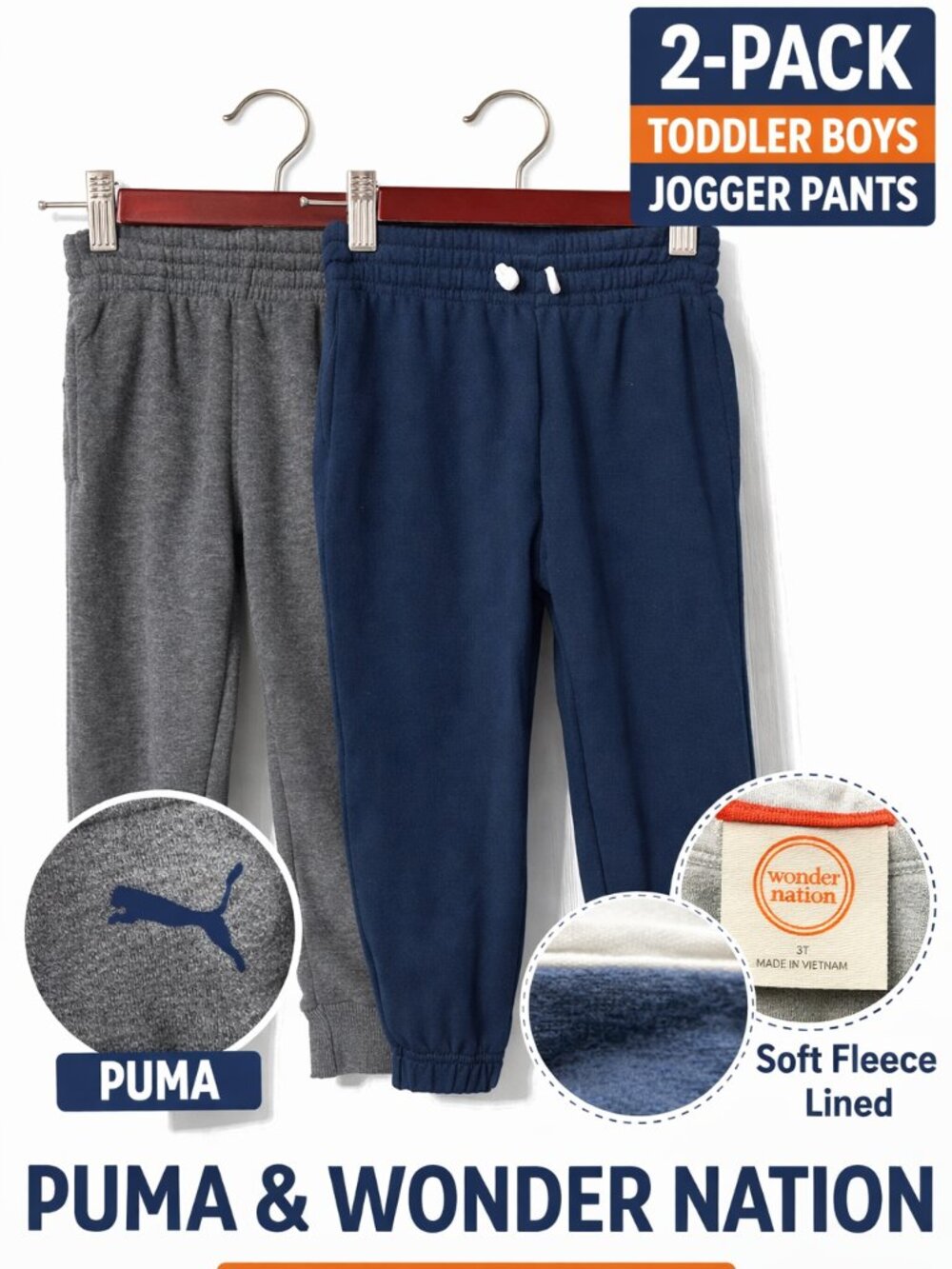 Toddler Boys Jogger Pants Lot 2 Puma & Wonder Nation Size 3T Gray Navy Sweatpant